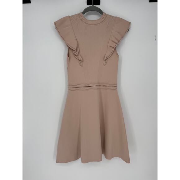 Sandro Dress Tilla Ruffle-Trimmed Embellished Ribbed-Knit Mini In Blush Sz XS/S - Picture 6 of 10